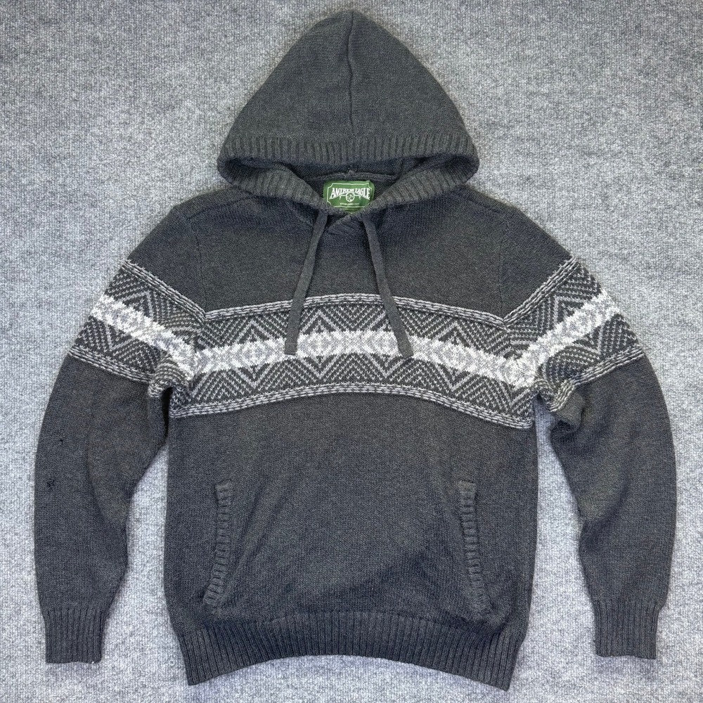 American Eagle Mens Soft Charcoal Grey Fair Isle Knit Hoodie Sweater Pullover LG